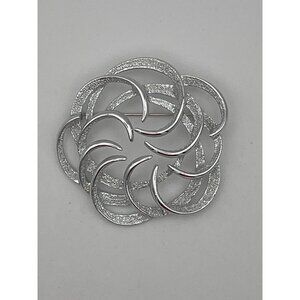 Swirl Flower 2" Brooch Silver Tone Unknown Brand